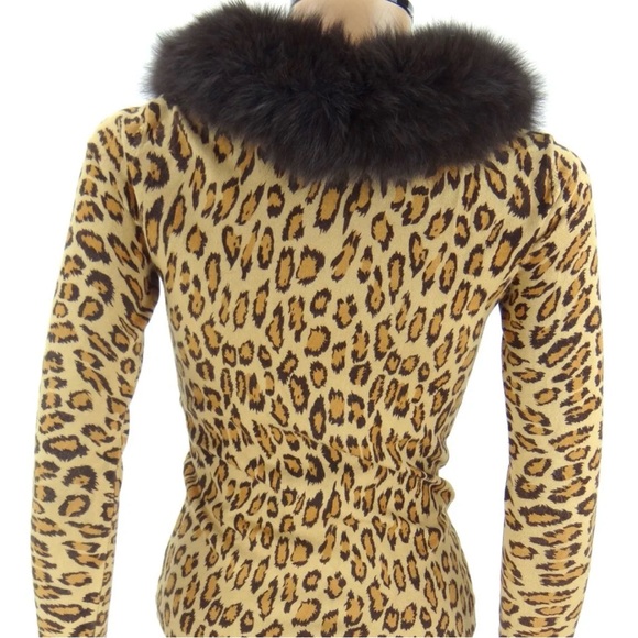 CACHE Zipper Sweater SMALL Leopard Animal Print Fox Fur Collar Knit Cardigan Top - Picture 9 of 12